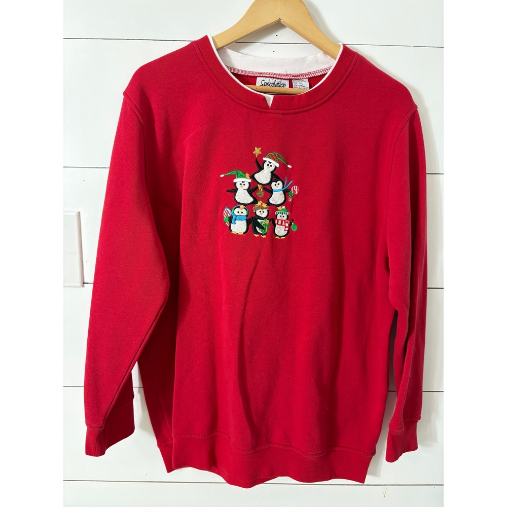 Speculation Woman Red Christmas Penguin Embroidered Crewneck Sweatshirt‎ 1X